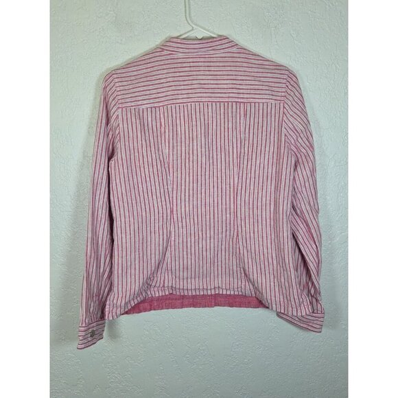 Chico's Reversible Jacket Pink Stripe Oxford Linen Cotton Snap Pockets 0 /small - Picture 3 of 5